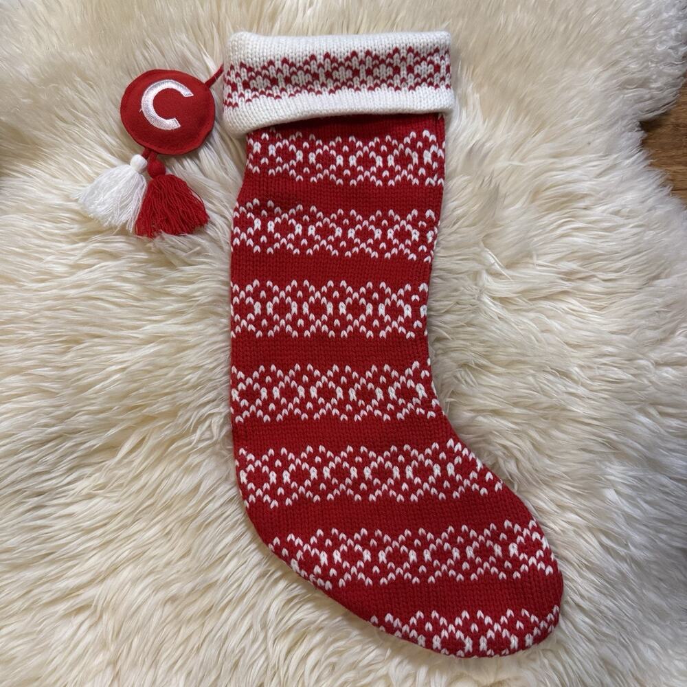 Target Wondershop MONOGRAM C LETTER WHITE RED Fair Isle KNIT CHRISTMAS STOCKING